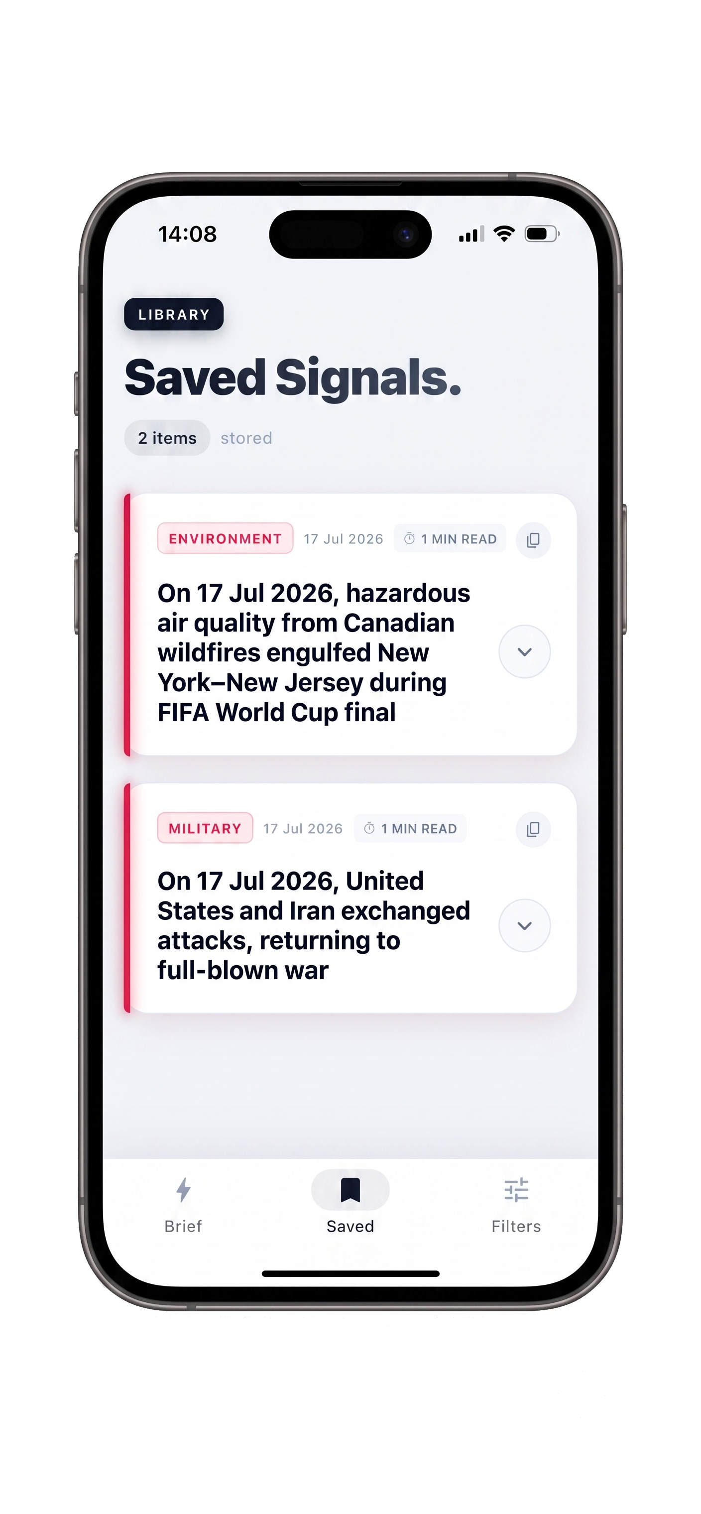 The saved-stories library in Don’t Miss Out for revisiting key updates